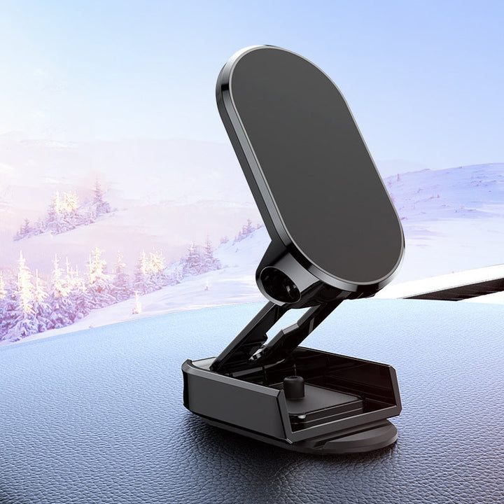 "Universal hopfällbar metall mobilhållare för bil, elegant design, starka magneter, svart och silver, passar alla enheter."