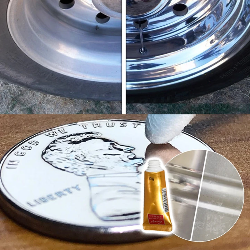 "Universal metallputs kräm för glansig yta, effektivt mot smuts och repor, lämplig för olika metaller, vit kräm i tub."