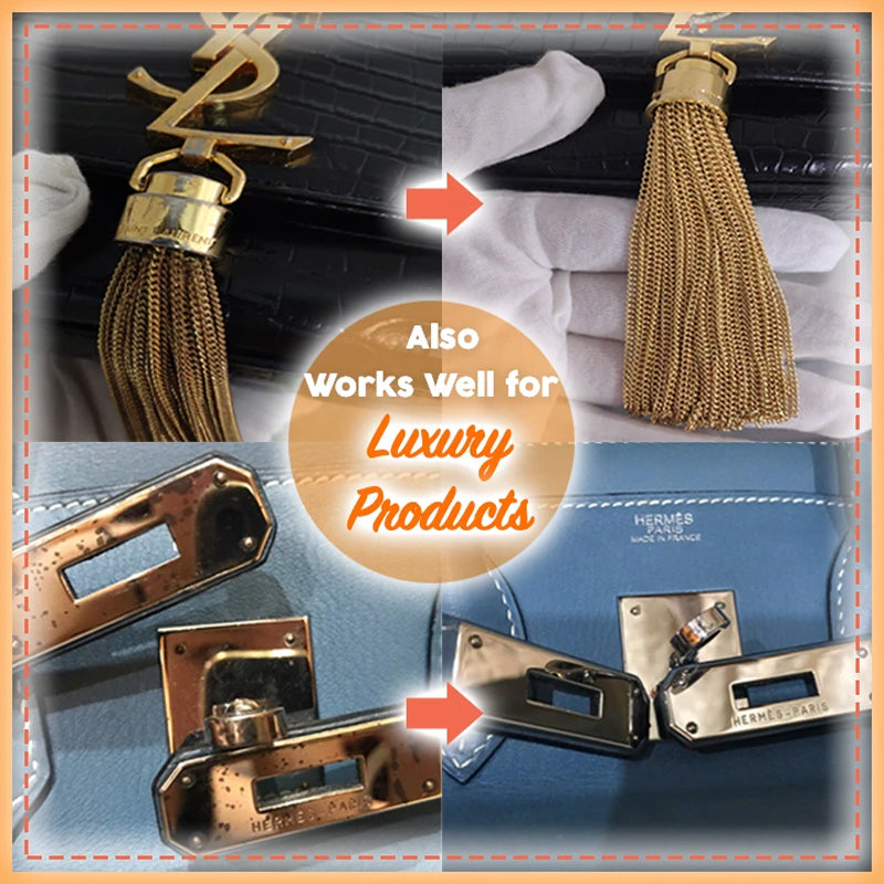 "Universal metallputs kräm för glansig yta, effektivt mot smuts och repor, lämplig för olika metaller, vit kräm i tub."