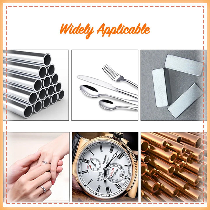 "Universal metallputs kräm för glansig yta, effektivt mot smuts och repor, lämplig för olika metaller, vit kräm i tub."