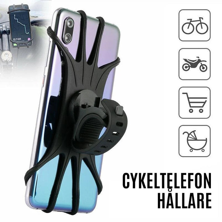"Universal motorcykelhandtag med 360° rotation, hållbart svart silikon, passar smartphones 4-6 tum för cyklar och mopeder."