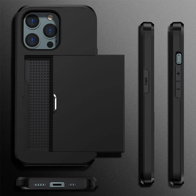 "Universal telefonfodral med plånbok, stilren design, stötskydd. Passar flera iPhone-modeller, flera färgval tillgängliga."