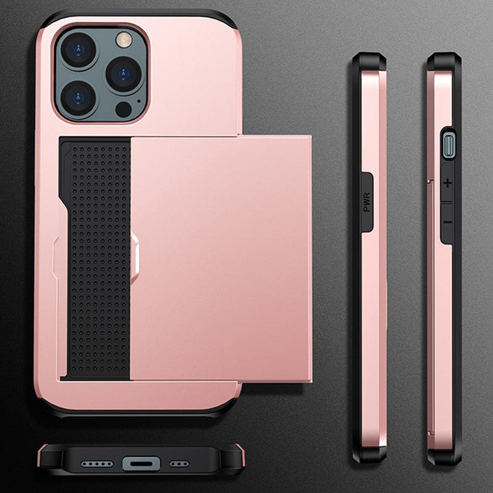 "Universal telefonfodral med plånbok, stilren design, stötskydd. Passar flera iPhone-modeller, flera färgval tillgängliga."