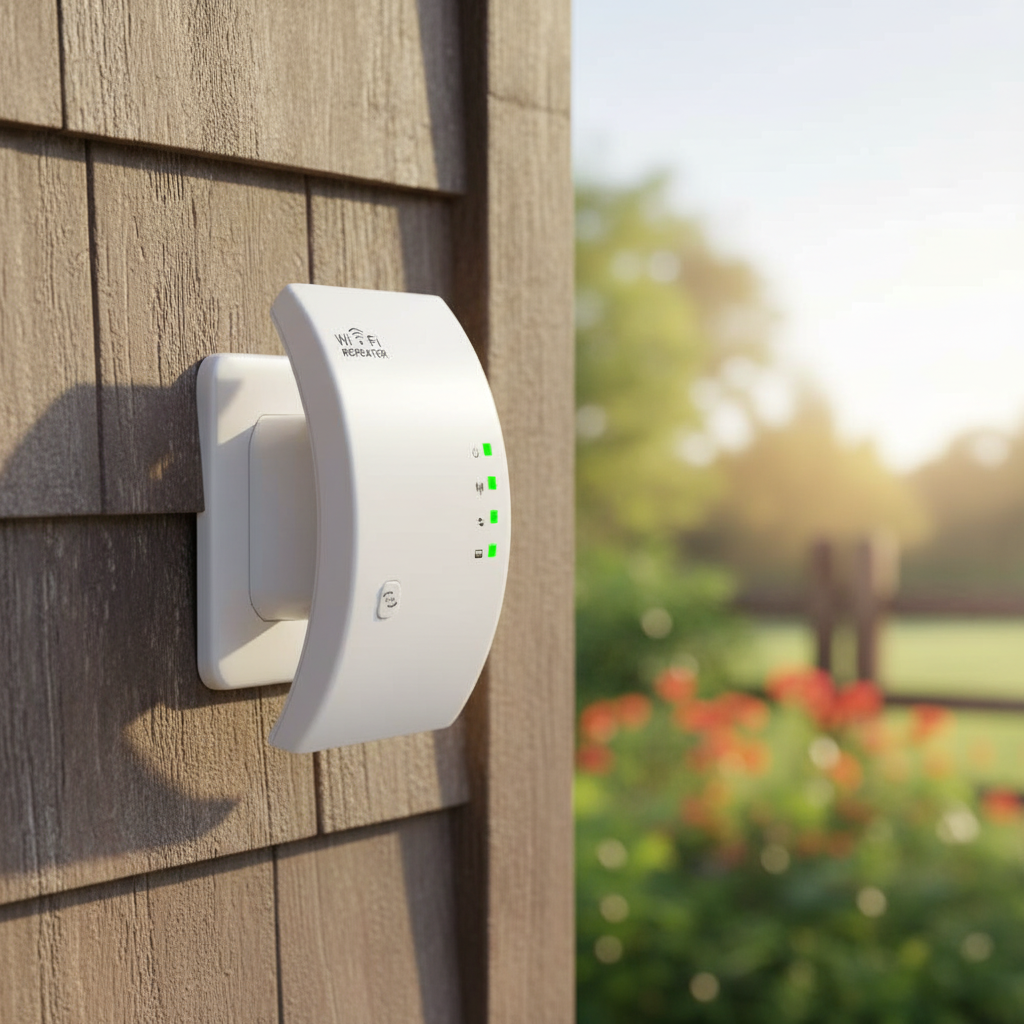Universal WiFi-förstärkare NetBoost med WPS, ger stabil nätverksräckvidd för smart hem och kontor.