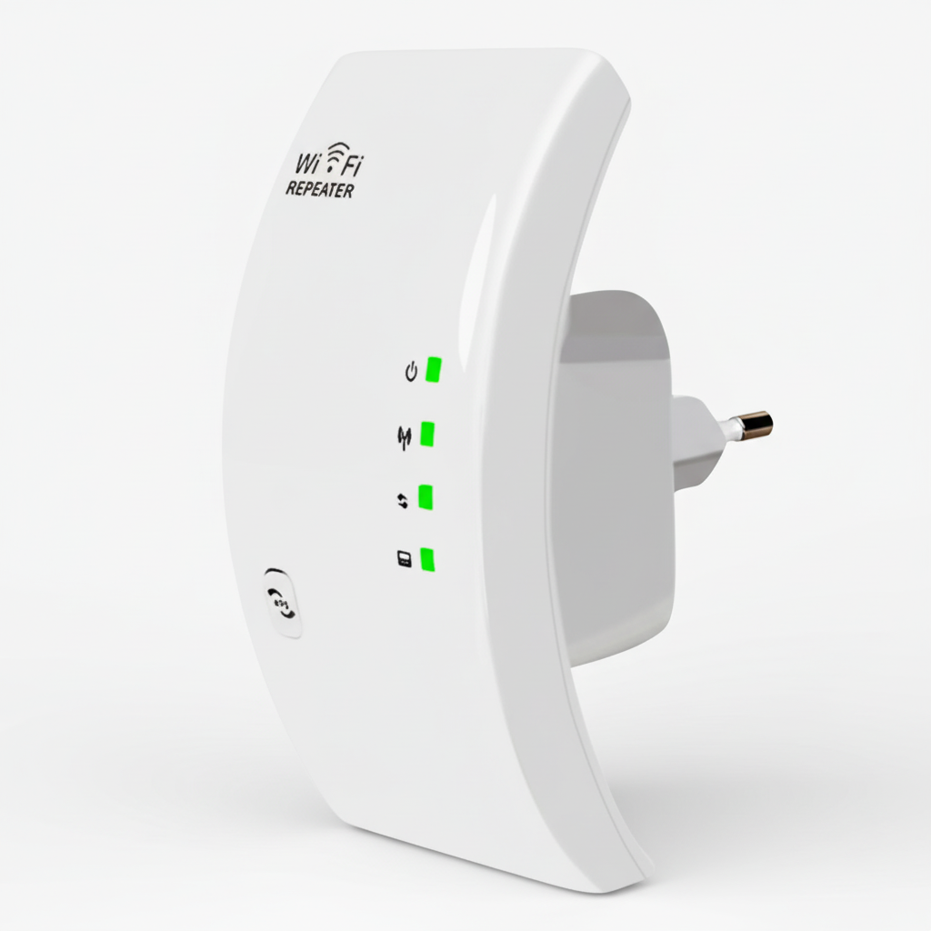 WiFi repeater NetBoost för bättre trådlös täckning. Perfekt för streaming och spel i hela hemmet.