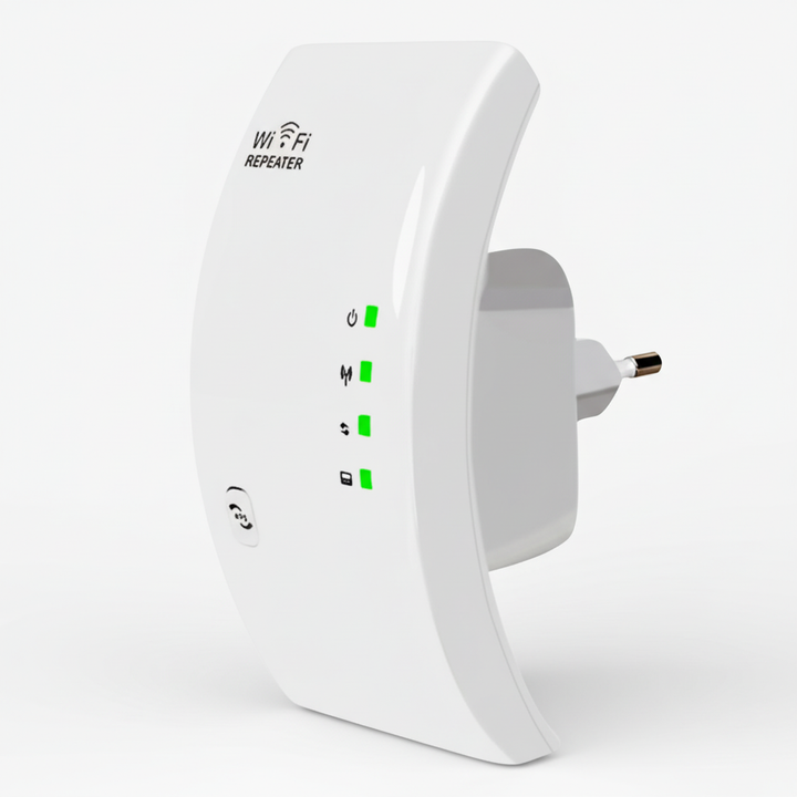 WiFi repeater NetBoost för bättre trådlös täckning. Perfekt för streaming och spel i hela hemmet.