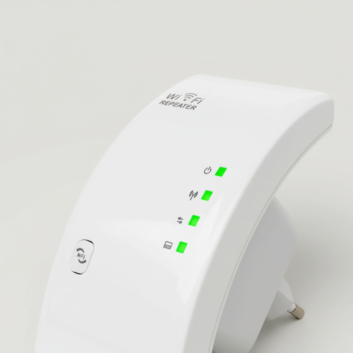 Räckviddsförlängare NetBoost med WPS. Förstärker WiFi-signalen för snabbare och stabilare internetuppkoppling.