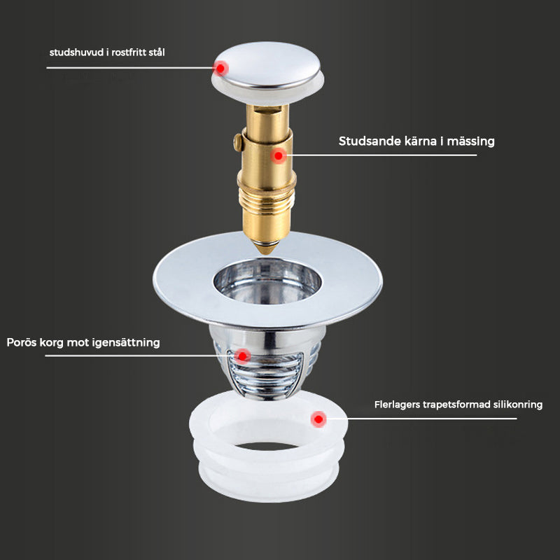 "Universell badrumsavloppspropp i elegant mässing och stål med tryckknapp, silikonringar för säker passform mot smuts."