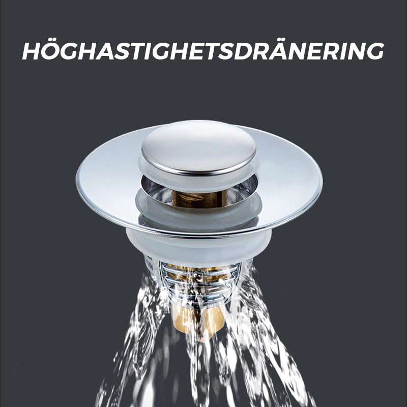 "Universell badrumsavloppspropp i elegant mässing och stål med tryckknapp, silikonringar för säker passform mot smuts."