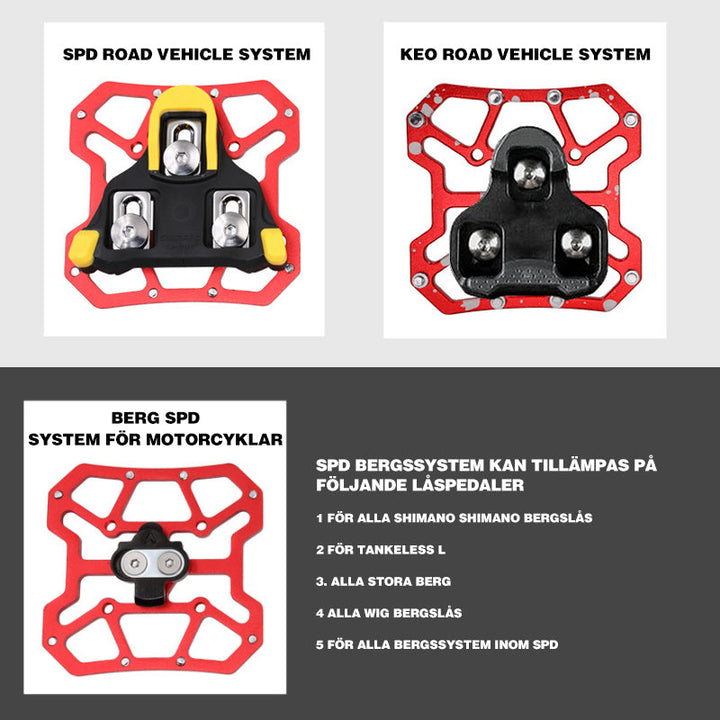 "Universell clipless pedalplattform i aluminium för cyklar, lätt och hållbar, finns i flera färger för enkel cykling."