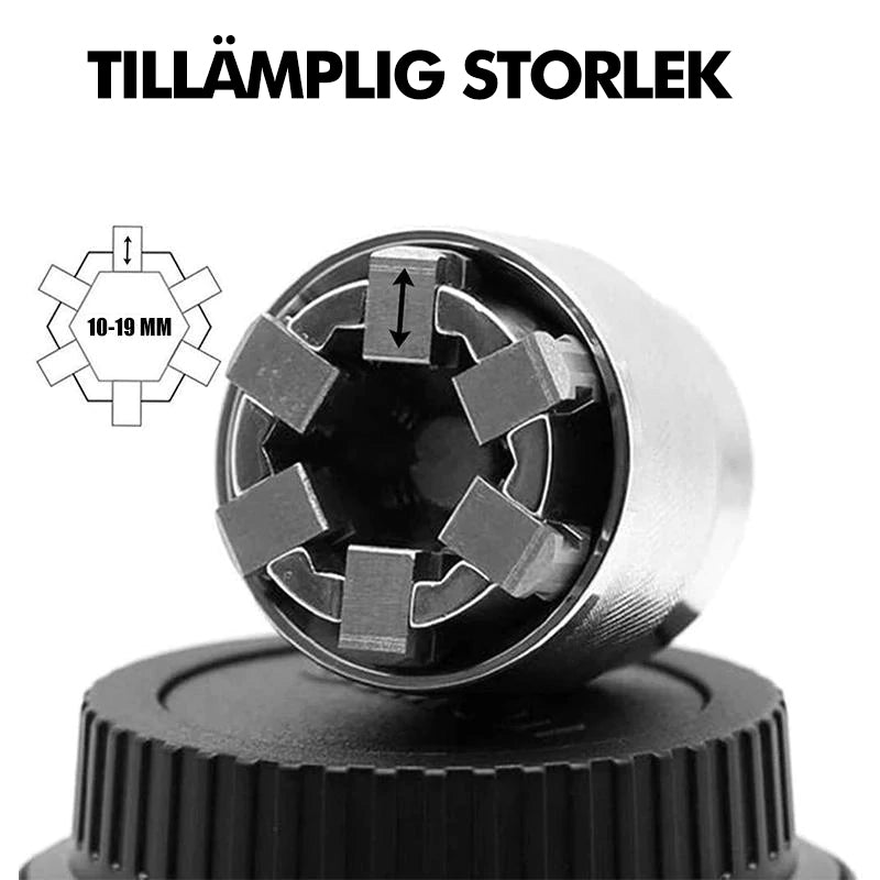 "Universell el-drivna hylsa, silver stål, justerbar från 10-19 mm, fästes på borr för effektiv mutterhantering."