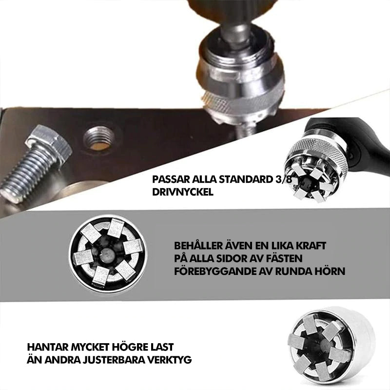 "Universell el-drivna hylsa, silver stål, justerbar från 10-19 mm, fästes på borr för effektiv mutterhantering."