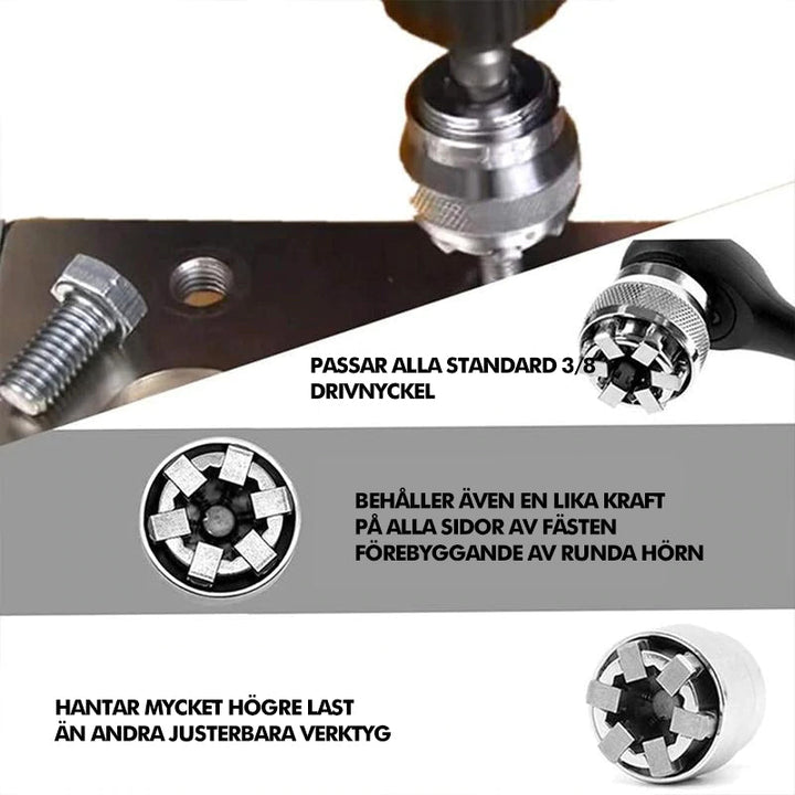 "Universell el-drivna hylsa, silver stål, justerbar från 10-19 mm, fästes på borr för effektiv mutterhantering."
