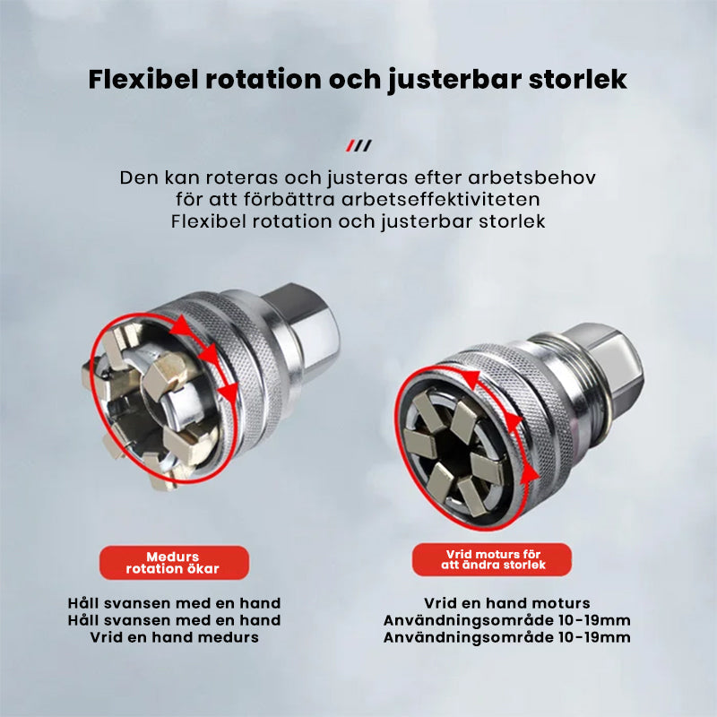 "Universell el-drivna hylsa, silver stål, justerbar från 10-19 mm, fästes på borr för effektiv mutterhantering."