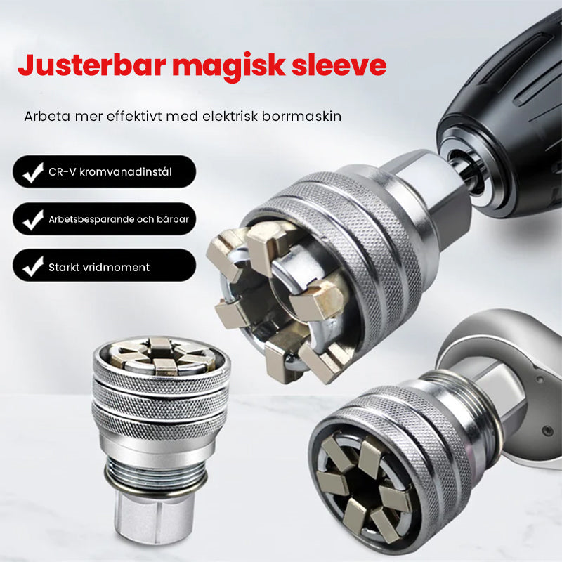 "Universell el-drivna hylsa, silver stål, justerbar från 10-19 mm, fästes på borr för effektiv mutterhantering."