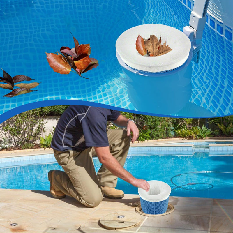 "Universell filterstrumpa vit nylon för pool, fångar skräp, passar flesta korgar. Enkelt poolunderhåll och skydd."