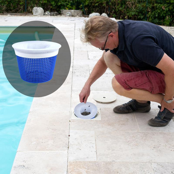 "Universell filterstrumpa vit nylon för pool, fångar skräp, passar flesta korgar. Enkelt poolunderhåll och skydd."