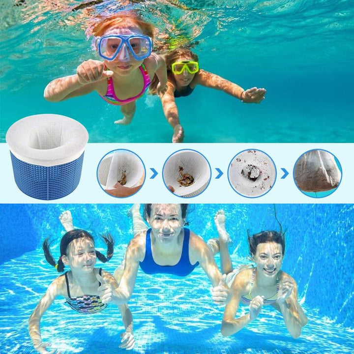 "Universell filterstrumpa vit nylon för pool, fångar skräp, passar flesta korgar. Enkelt poolunderhåll och skydd."