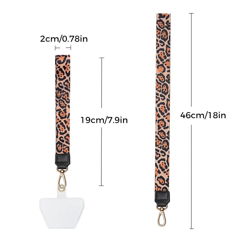 "Universell leopardmönstrad korsväska för mobil, brun och rosa toner, justerbar rem för stil och säkerhet."