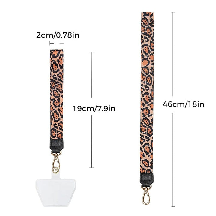 "Universell leopardmönstrad korsväska för mobil, brun och rosa toner, justerbar rem för stil och säkerhet."