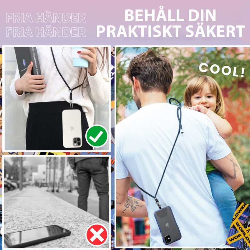 Universell löstagbar telefonrem i nylon och metall, justerbar, grå färg, hållbar, ger säkerhet och bekvämlighet.