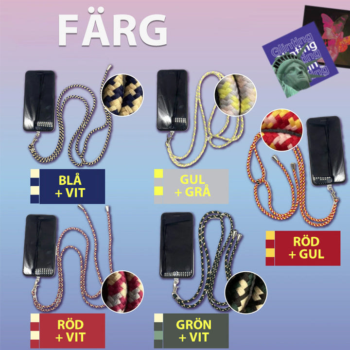 Universell löstagbar telefonrem i nylon och metall, justerbar, grå färg, hållbar, ger säkerhet och bekvämlighet.