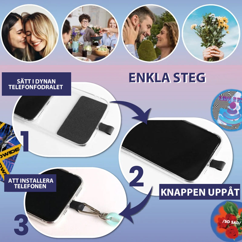 Universell löstagbar telefonrem i nylon och metall, justerbar, grå färg, hållbar, ger säkerhet och bekvämlighet.