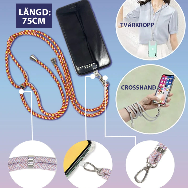 Universell löstagbar telefonrem i nylon och metall, justerbar, grå färg, hållbar, ger säkerhet och bekvämlighet.
