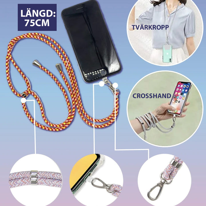 Universell löstagbar telefonrem i nylon och metall, justerbar, grå färg, hållbar, ger säkerhet och bekvämlighet.