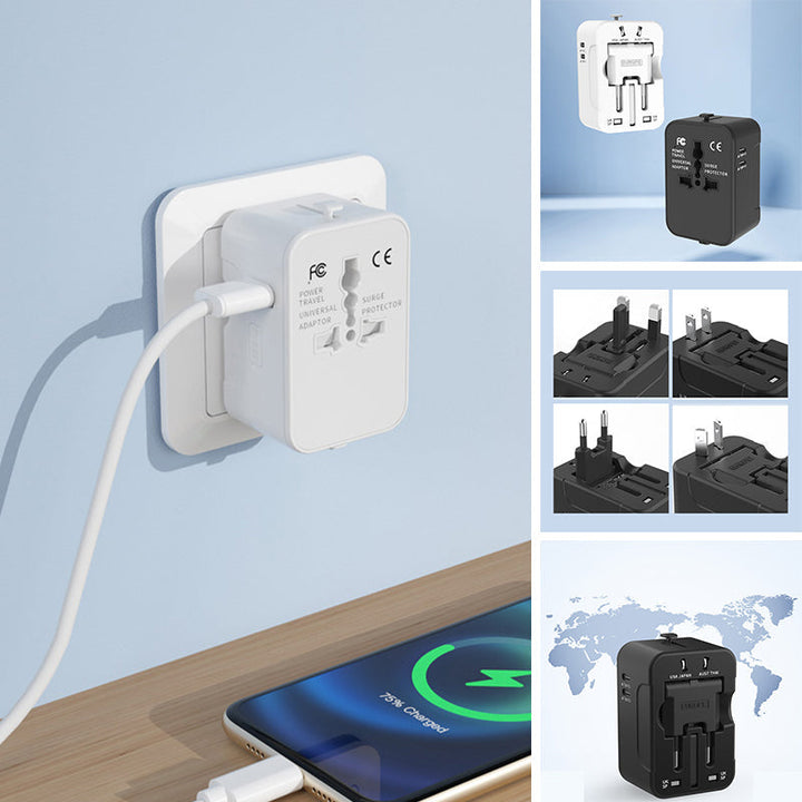 "Universell reseadapter med dubbla USB-portar i flera färger, kompakt design för resa, ladda enheter var som helst."