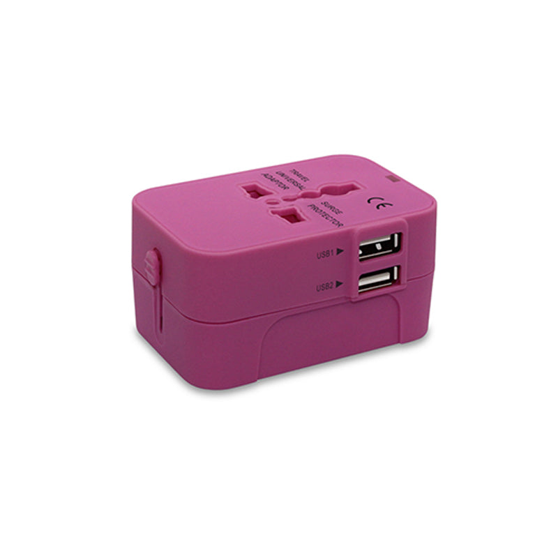 "Universell reseadapter med dubbla USB-portar i flera färger, kompakt design för resa, ladda enheter var som helst."