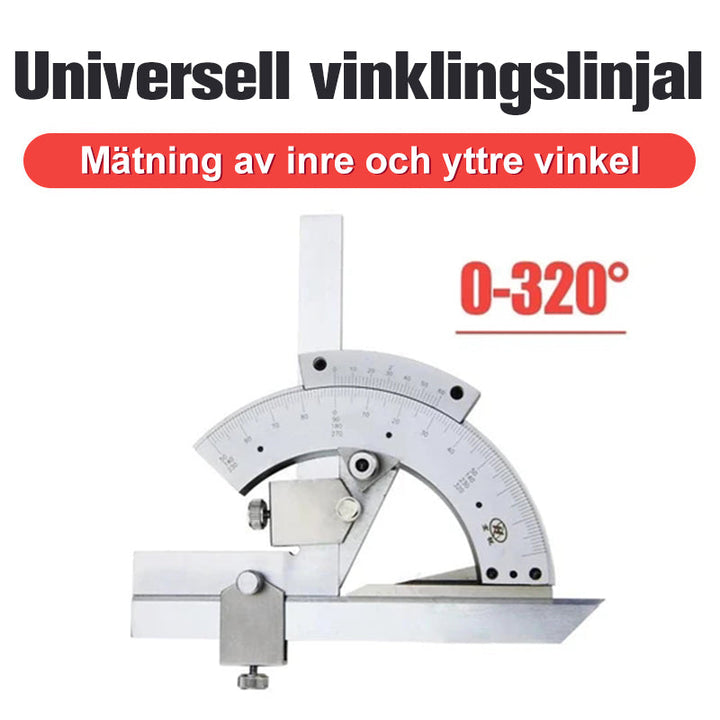 "Universell vinkellinjal av stål för exakta mätningar 0-320 grader, tåligt kolstål med kromfinish, lättläst skala."