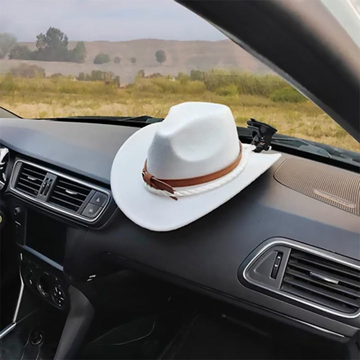 "Universella cowboyhattsfästen i svart och vitt plast, elegant läderrem, monterad i bil eller lastbil med sugkopp."