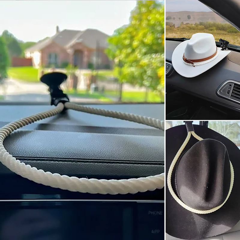 "Universella cowboyhattsfästen i svart och vitt plast, elegant läderrem, monterad i bil eller lastbil med sugkopp."