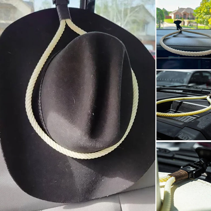 "Universella cowboyhattsfästen i svart och vitt plast, elegant läderrem, monterad i bil eller lastbil med sugkopp."