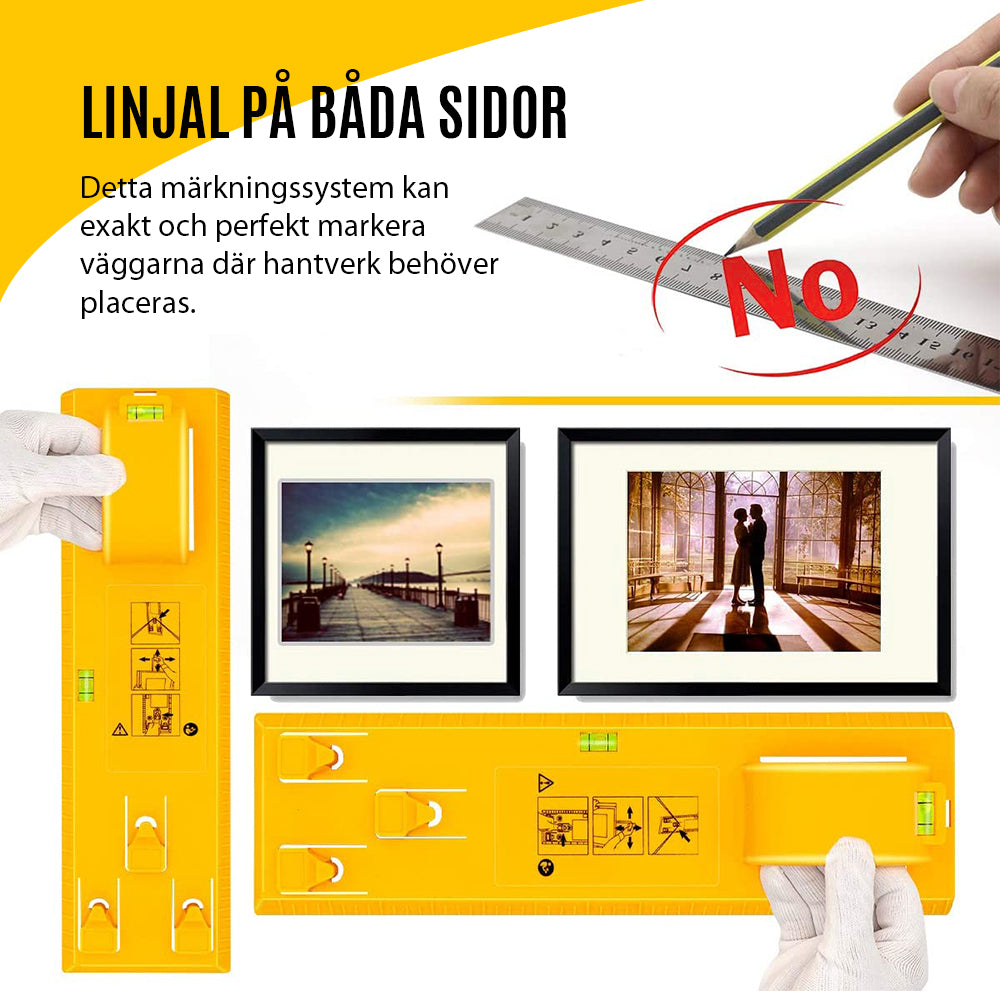 "Universellt fotoramverktyg i ABS med linjal, portabel och lätt, för exakt upphängning av konstverk och foton."