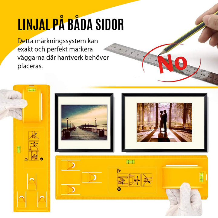 "Universellt fotoramverktyg i ABS med linjal, portabel och lätt, för exakt upphängning av konstverk och foton."