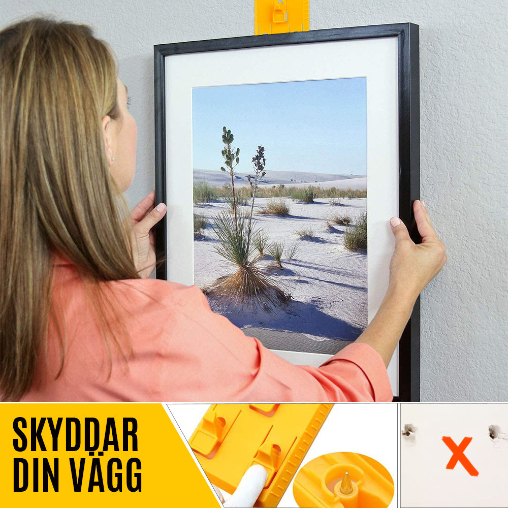 "Universellt fotoramverktyg i ABS med linjal, portabel och lätt, för exakt upphängning av konstverk och foton."