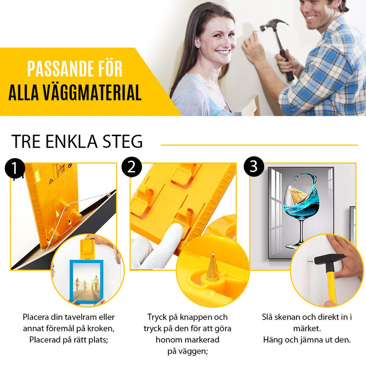 "Universellt fotoramverktyg i ABS med linjal, portabel och lätt, för exakt upphängning av konstverk och foton."