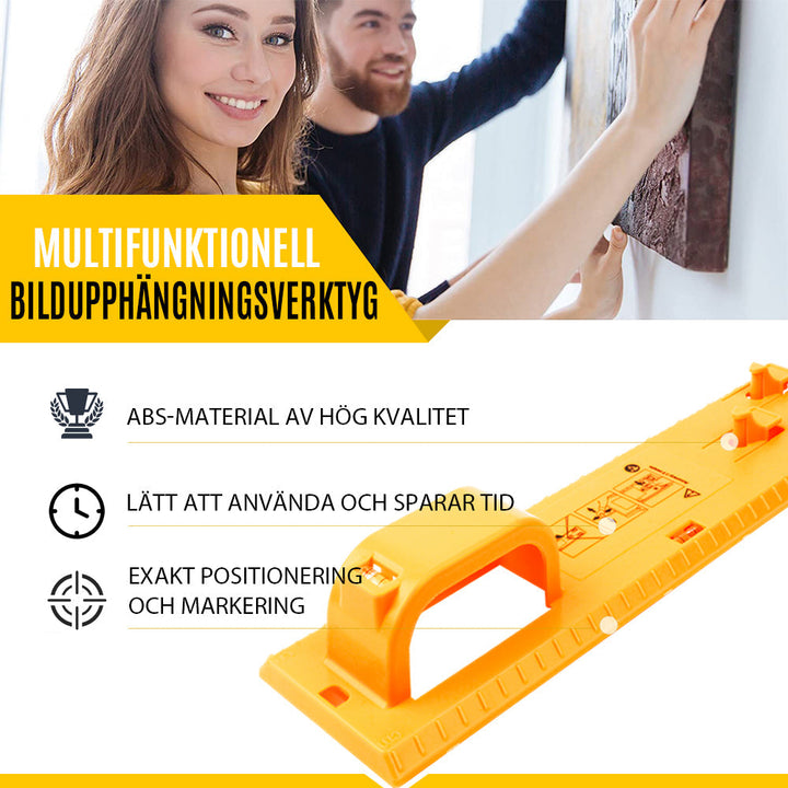 "Universellt fotoramverktyg i ABS med linjal, portabel och lätt, för exakt upphängning av konstverk och foton."