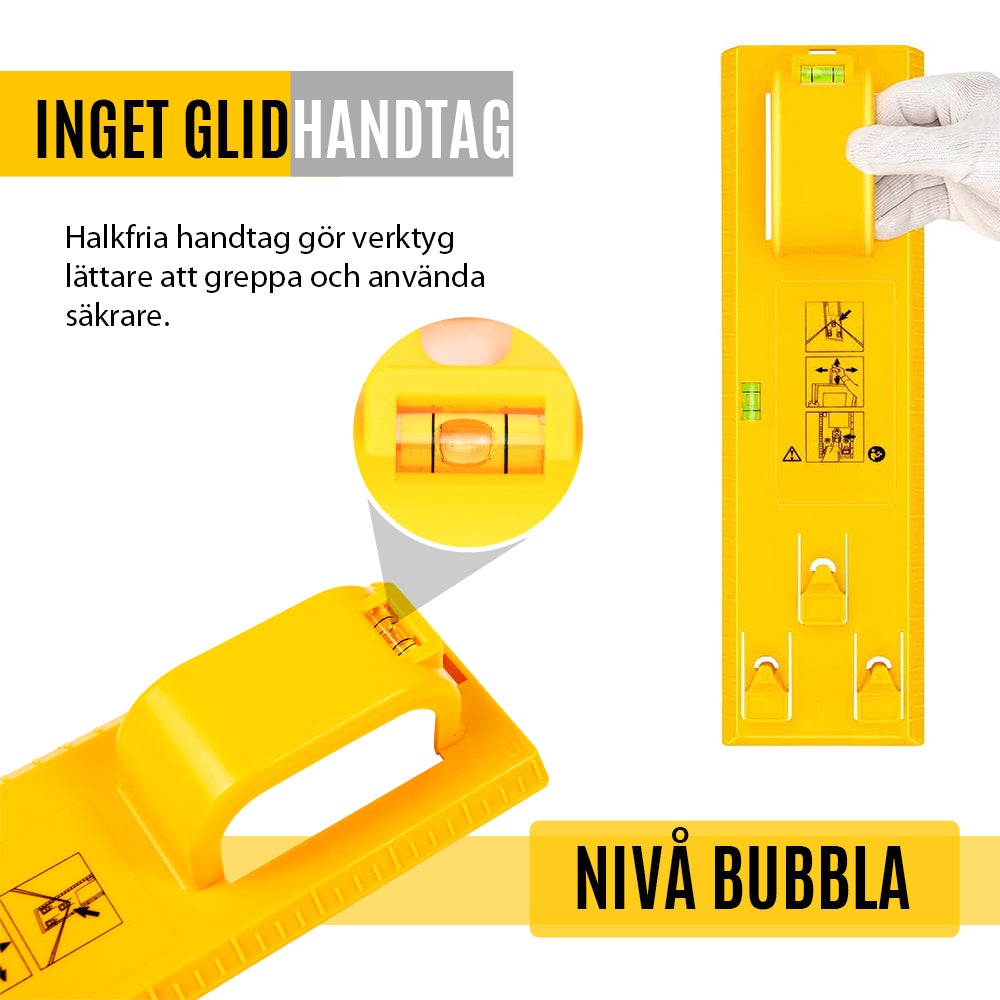 "Universellt fotoramverktyg i ABS med linjal, portabel och lätt, för exakt upphängning av konstverk och foton."