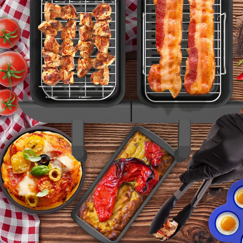 "Universellt grillställ i rostfritt stål, justerbart och diskmaskinsäkert, för ångning och stekning i köket."