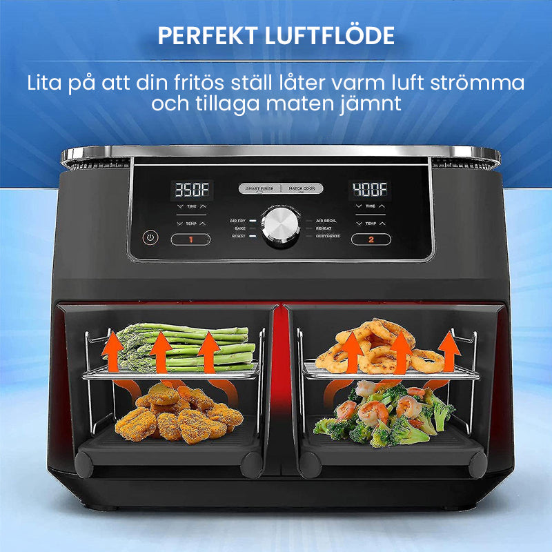 "Universellt grillställ i rostfritt stål, justerbart och diskmaskinsäkert, för ångning och stekning i köket."