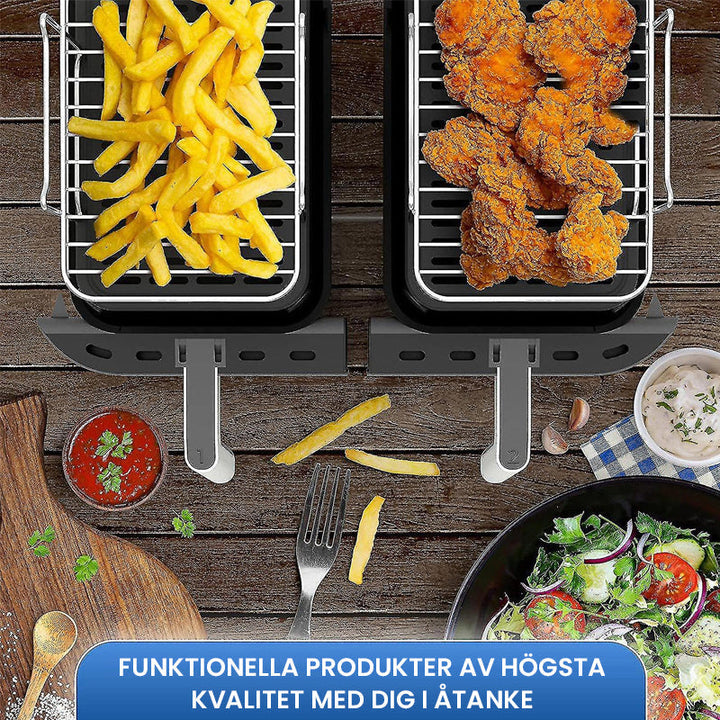 "Universellt grillställ i rostfritt stål, justerbart och diskmaskinsäkert, för ångning och stekning i köket."