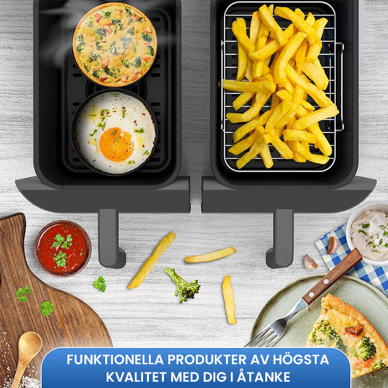 "Universellt grillställ i rostfritt stål, justerbart och diskmaskinsäkert, för ångning och stekning i köket."