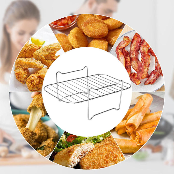 "Universellt grillställ i rostfritt stål, justerbart och diskmaskinsäkert, för ångning och stekning i köket."