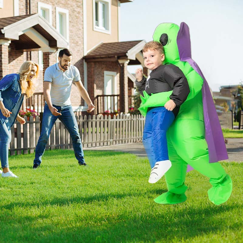 "Uppblåsbar blå utomjordingsdräkt med krona för vuxna och barn, rolig kostym som garanterar skratt på fest."