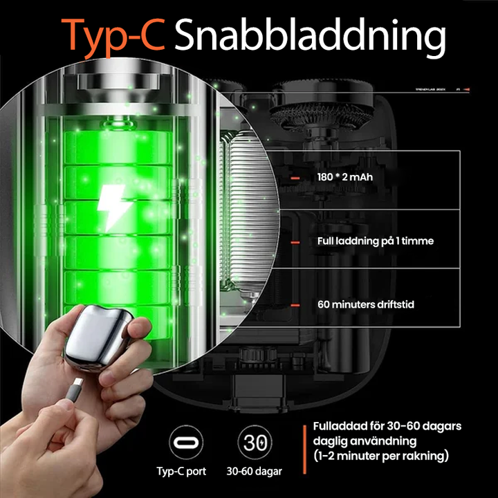 "Uppladdningsbar elrakapparat för män, kompakt och elegant, idealisk för resor och lätt att rengöra, med vattentålig yta."