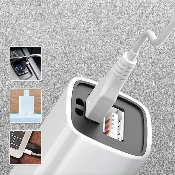 "Uppladdningsbar ficklampa med hög ljusstyrka, kompakt design, vattentät IPX6, svart färg och USB-laddning."