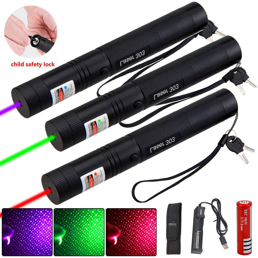 Mångsidig uppladdningsbar laserpekare. Verktyg för presentationer, utomhusbruk, med lång röd laserstråle.